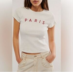 Daydreamer Paris Embroidered Ribbed Cropped Tee Sz Medium